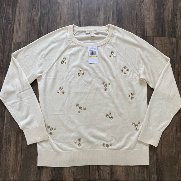 NWT Michael Kors Crewneck Embellished Gen Stone Cream Long Sleeve Knit Sweater M - Picture 5 of 14